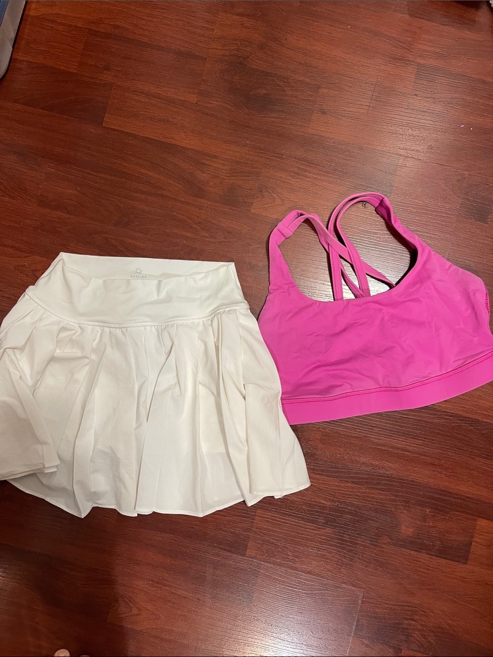 lululemon pink sport bra and Off Line by Aerie White Tennis Skirt .